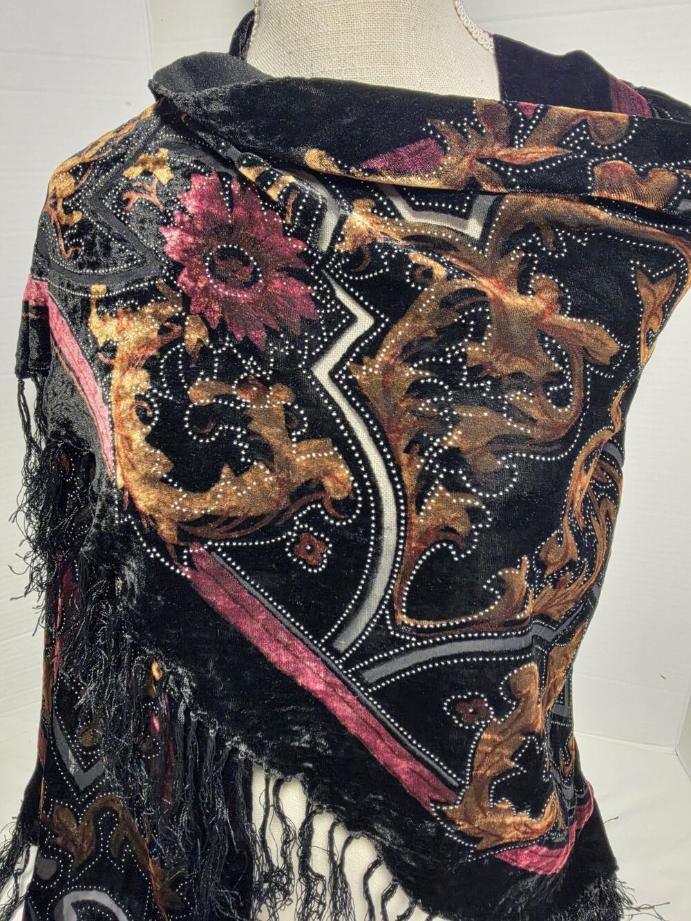 Velvet Burnout Paisley Shawl Black Gold Fringe Boho Evening Wrap Gothic Mallgoth